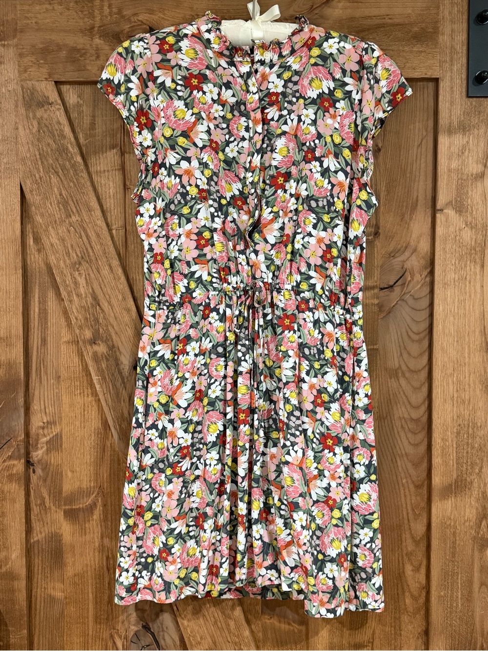 LOFT Floral Ruffle Tie-Waist Casual Dress - Pink, Green, White
